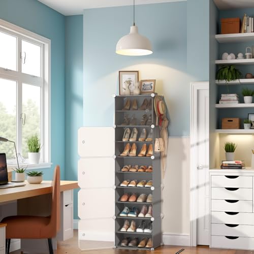 Image of Sunderlook Shoe Rack Plastic for Home- Slipper Stand, Professional Shoe Stand, Chappal Stand, Multipurpose Foldable Standing Comfort Runner Shoe Rack with Door (Dark Grey, 10 Shelf 5 Door)