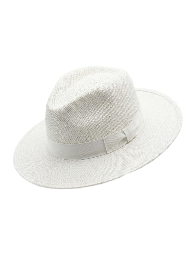 Cappello Panama a Tesa Larga Estivo Unisex in Paglia Leggera con Nastro Bianco, Cappello da Sole Traspirante Regolabile - Bianco V028