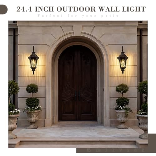 Image of Emliviar Vintage Outdoor Wall Mount Light for Porch, 24.4 Inch Wall Sconce Lantern Lamp in Oil Rubbed Bronze Finish, Water Ripple Glass, XE265B-M ORB-SW
