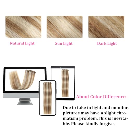 Light Blonde Highlighted Golden Blonde Human Hair Clip in Extensions - Remy Invisible Natural Straight Seamless 8pcs Double Weft 20 Inch 80g