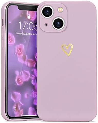 Wirvyuer Compatible with iPhone 13 Case Cute Gold Heart Pattern Protective Shockproof Soft Liquid Silicone Phone Case for Women Girls Slim TPU Bumper Purple Cover
