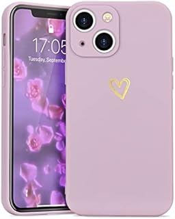 Wirvyuer Compatible with iPhone 13 Case Cute Gold Heart Pattern Protective Shockproof Soft Liquid Silicone Phone Case for Women Girls Slim TPU Bumper Purple Cover