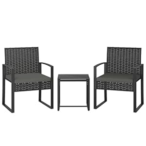 Outsunny Rattan Bistroset, 3 teiliges Gartenmöbel-Set mit 2 Gartenstühlen, Couchtisch, abnehmbar Kissen, Balkonmöbel-Set Sitzgruppe Gartengarnitur für Garten, Terrasse, Dunkelgrau