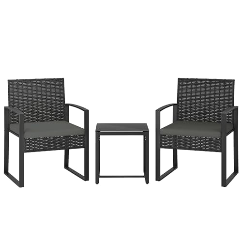 Outsunny 3 Piece Rattan Bistro Set, PE Wicker Garden Furniture Conversation Set, Tempered Glass Bistro Table and Chairs with Cushions for Patio, Balcony, Porch, Dark Grey