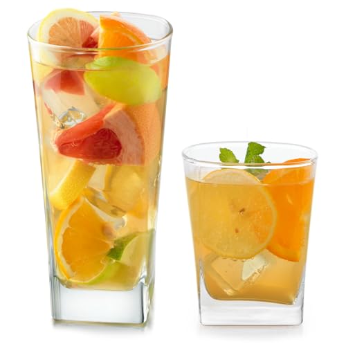 Libbey City Tumbler and Rocks Glass Set, Elegant Drinkware Glasses Set, Tall Drinking Glasses with Modern Lines, Dishwasher Safe Drinking Glasses Set of 16