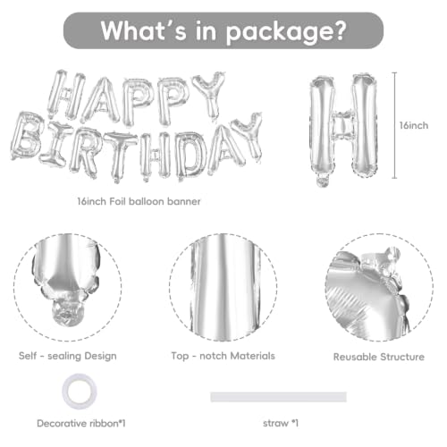Image of Silver Happy Birthday Banner Balloons 16 Inch Mylar Foil Letters