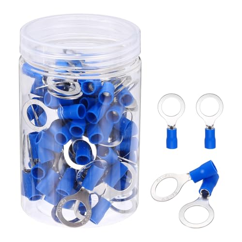 Image of sourcing map 100Pcs Insulated Ring Terminal RV5.5-12 Battery Lugs 12-10AWG Electrical Crimp Terminals Eyelet Wire Connectors for Industrial, Electrical Wiring, Blue