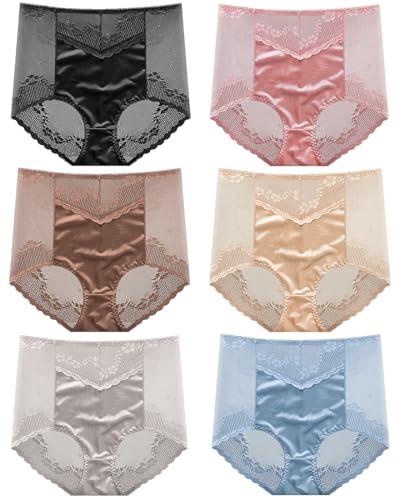 BLKDOTS Cuecas de renda de cintura alta para mulher, roupa interior ultra macia, cuecas de cobertura completa, Multicor 6 cores, M
