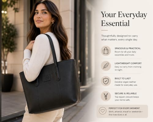 Bolso Tote para mujer con cierre - piel sintética negra liviana miniatura 3