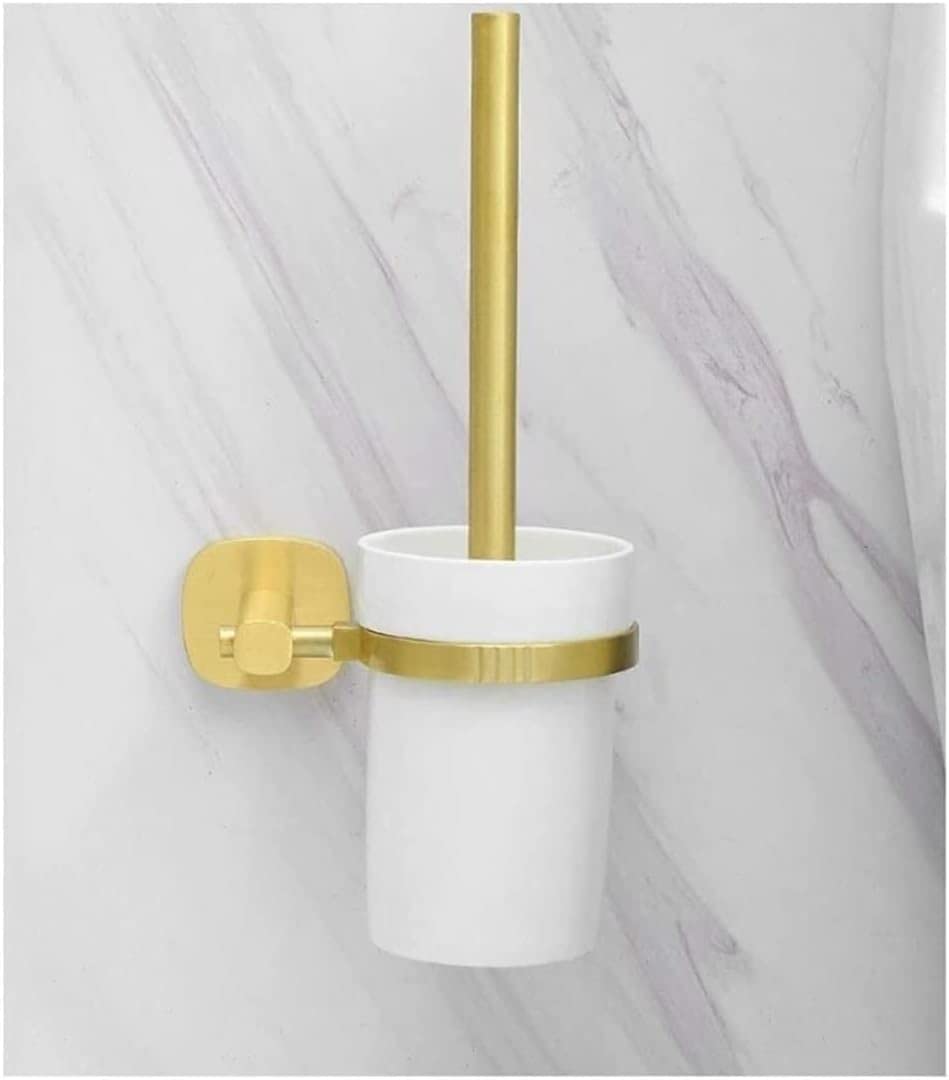 Aluminum Wall-Mounted Toilet Brush Holder Set with Ceramic Base, Space-Saving Bathroom Toilet Cleaning Brush with Soft Bristles (Gold)