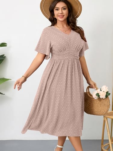 Image of RWJ Women's Plus Size Maxi Dress V Neck Short Sleeve Swiss Dot A Line High Waist Boho Swing Casual Summer Dresses