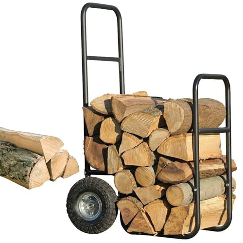 Chariot de chariot à bois chauffage avec pneus remplis d'air, déménageur en rondins capacité 250 lb, porte-cadre acier jauge lourde pour cheminée, transporteur rangement foyer