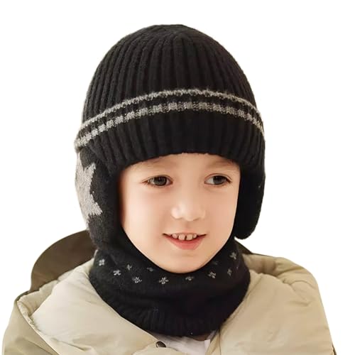 Kids Earflap Beanie Hat and Scarf Set Winter Warm Fleece Lined Knit Cap Neck Warmer Gaiter for Boys Girls