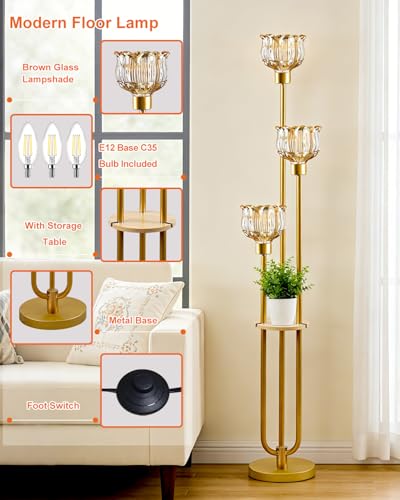 Image of Lightdot Glass Floor Lamp for Living Room 3-Lights Modern Gold Floor Lamp with Amber Glass Shade 3000K Bulbs Included Unique Tall Standing Lamp with 5Lb Heavy Base for Bedroom /Sofa Beside /Corner Decor