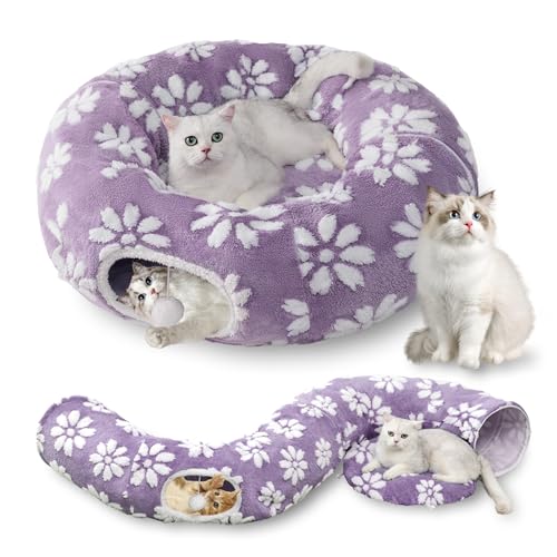Image of Cat Tunnel for Indoor Cats, Cute Peekaboo Cat Cave with Dangling Balls, Pet Donut Tunnel Bed with Circle Mat for Puppy Kitten Rabbit, Purple