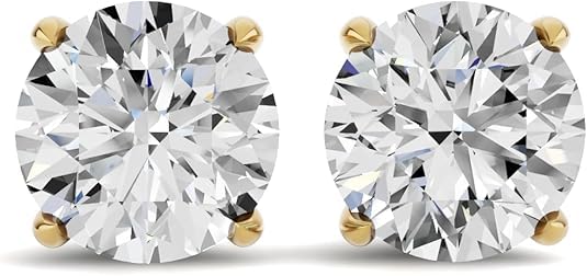 14K White & Yellow Gold Lab Grown Round Cut Diamond Stud Earrings for Men Women, (1/2cttw - 4cttw), 4-Prong Screw Back, VS Clarity EF Color, Gift for