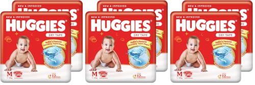 Image of Huggies Complete Comfort Dry Tape Medium (M) Size Baby Tape Diapers, 120 count with 5 in 1 Comfort (60 Count, Pack of 6)