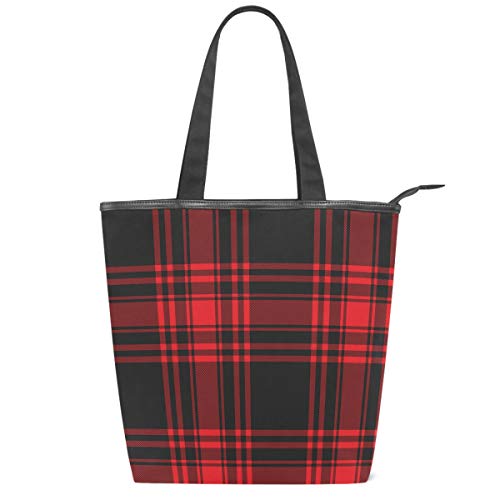 Pfrewn Rote schwarze Karomuster Leinwand Tragetasche Weihnachten Tartan Karo Casual Umhängetasche Handtasche mit Reißverschluss Umweltfreundlich Wiederverwendbar Einkaufstaschen für Frauen Mädchen