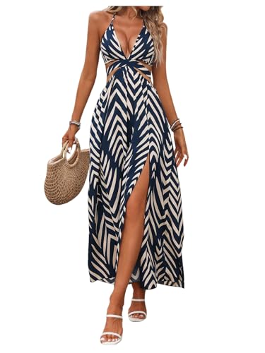 SOLY HUX Women's Tie Backless Cut Out Halter Dress Deep V Neck High Split Long Flowy Dresses
