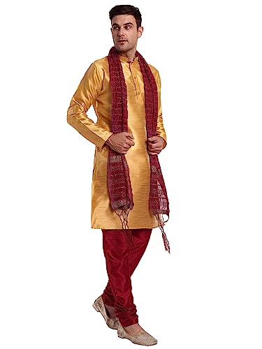 SKAVIJ Men's Art Silk Indian Ethnic Wear Kurta Pajama and Scarf Suit Festivals Season Party Dress Set (Gold, Large)4