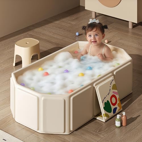 Faltbare Badewanne für Kinder, Tragbare Badewanne, Große Kleinkindbadewanne, Tragbares Duschbecken, Badewanne Kinder für 0-8 Jahre, Integrierte Badewanne mit Ablassschraube - Beige