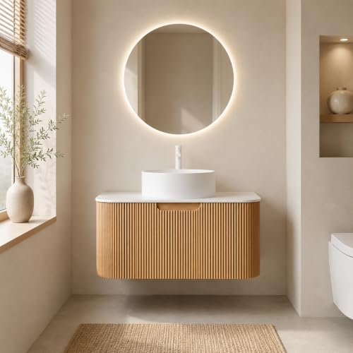 30" Floating Bathroom Vanity with Sink, Wall Mounted Plywood Cabinet, Natural Wood Grain Fluted Front, Sintered Stone Countertop, White Round Ceramic Vessel Sink, Soft-Close Drawer, Pre-Assembled