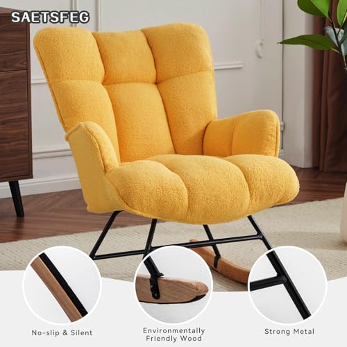 Image of SAETSFEG Rocking Chair Nursery Teddy Upholstered Glider Rocker Rocking Accent Chair Padded Seat with High Backrest Armchair Comfy Side Chair for Living Room Bedroom Offices (Golden Yellow Teddy)