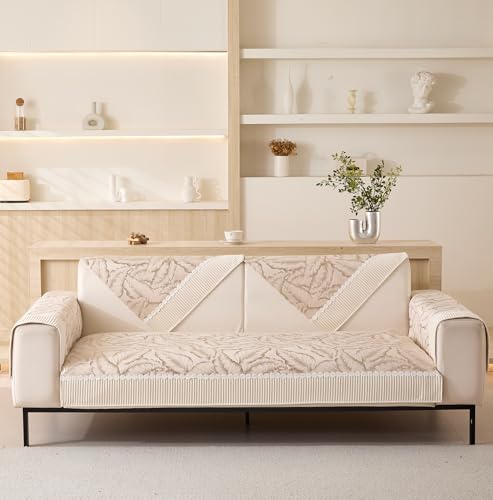 Image of House of Quirk Sofa Cover Mat Leaf Pattern Chenille Fabric Seater Sofa Slipcover Anti-Slip Stretch Seat Pad from Pets Replacement Protector (Five Seater, Beige Gold, 90x230cm)