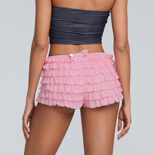 Image of Women Lace Layered Micro Shorts Cotton Soft Y2k Cute Fairy Pajamas Bottoms Low Rise Bloomers Panties