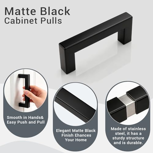 KNOBWELL 10 Pack | 3 inch Cabinet Pulls Matte Black - Stainless Steel Drawer Dresser Pulls Kitchen Cabinet Handles Black 10 Pack - 3" Hole Centers by KNOBWELL - Used condition - Image 5