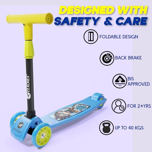 Image of Konex Kick Scooter for Kids (2+ Years) | 3 Broad Rubber Wheels for Smooth Ride | 4-Level Height Adjustable Handle | Foldable & Portable with Back Brake | Holds Up to 40 kg (Blue-Yellow)