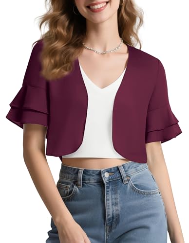 Image of Urban CoCo Women's Sheer Chiffon Bolero Shrug Ruffle Short Sleeve Open Front Cropped Cardigan for Dresses