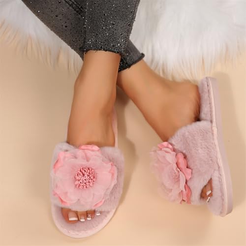 Rungion Womens Flower Open-Toe Plush Slippers Fluffy House Slip On Shose Cozy Breathable Outdoor Sandals Winter Slipper Gifts4