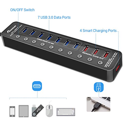 Apanage Powered Usb 3.0 Hub, 11 Ports Usb Hub Splitter (7 High Speed Data Transfer Ports + 4 Smart Charging Ports) With Individual On/Off Switches And 48W Power Adapter For Mac Pro/Mini, Pc, Hdd, Disk #TOP2