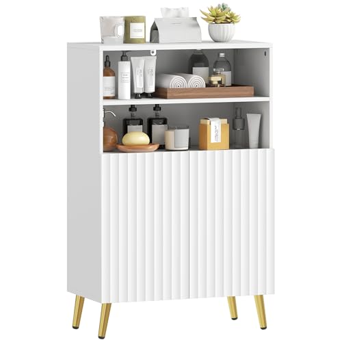 HOMCOM Meuble Salle de Bain, Armoire Salle de Bain étroit 5 Niveaux, Portes cannelées à Fermeture Douce, 2 étagères Ouvertes et étagère réglable, Meuble de...