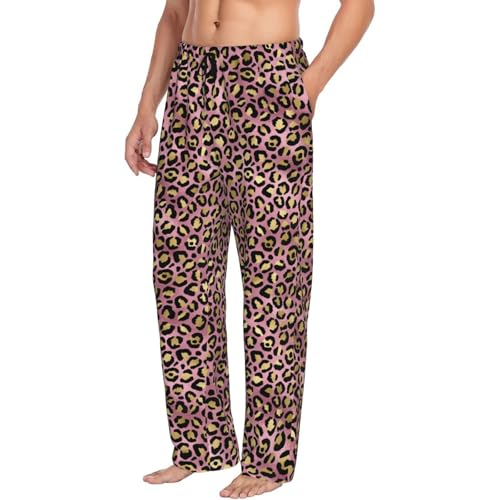 Mens Pajama Pants - Gold Pink Leopard Print Soft Sleep Lounge Pants For Men, Casual Pj Bottoms With Pockets