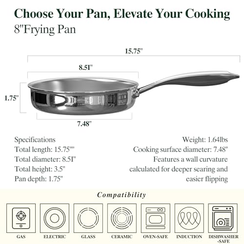 Image of Umite Chef 5 Ply Stainless Steel Frying Pan 8 inch, Non Toxic Professional Stainless Steel Skillets, Dishwasher and Oven-Safe Chef Pan, PFOA&PTFE Free Cookware, Fast & Even Heat, Stay-Cool Handle