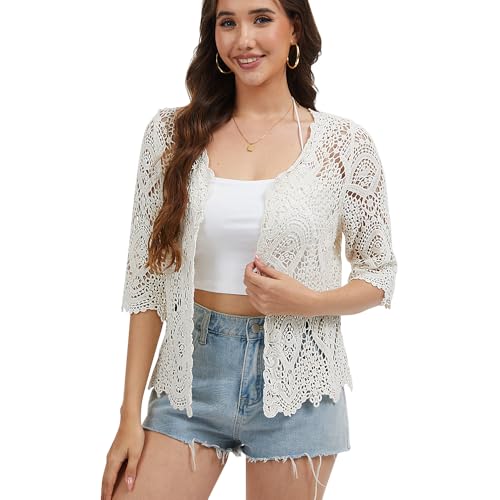 Women's Lace Cardigan Floral Crochet Sheer Beach Cover Ups Long Kimono with Half Sleeves4