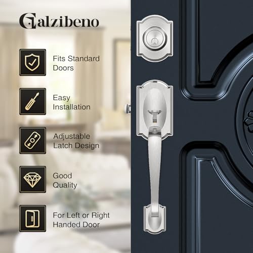 Image of Front Door Lock Set, Brushed Nickel Front Door Handle and Deadbolt Set, Vintage Exterior Door Lock Set, Front Door Handle with Single Cylinder, Reversible for Right & Left, Satin Nickel