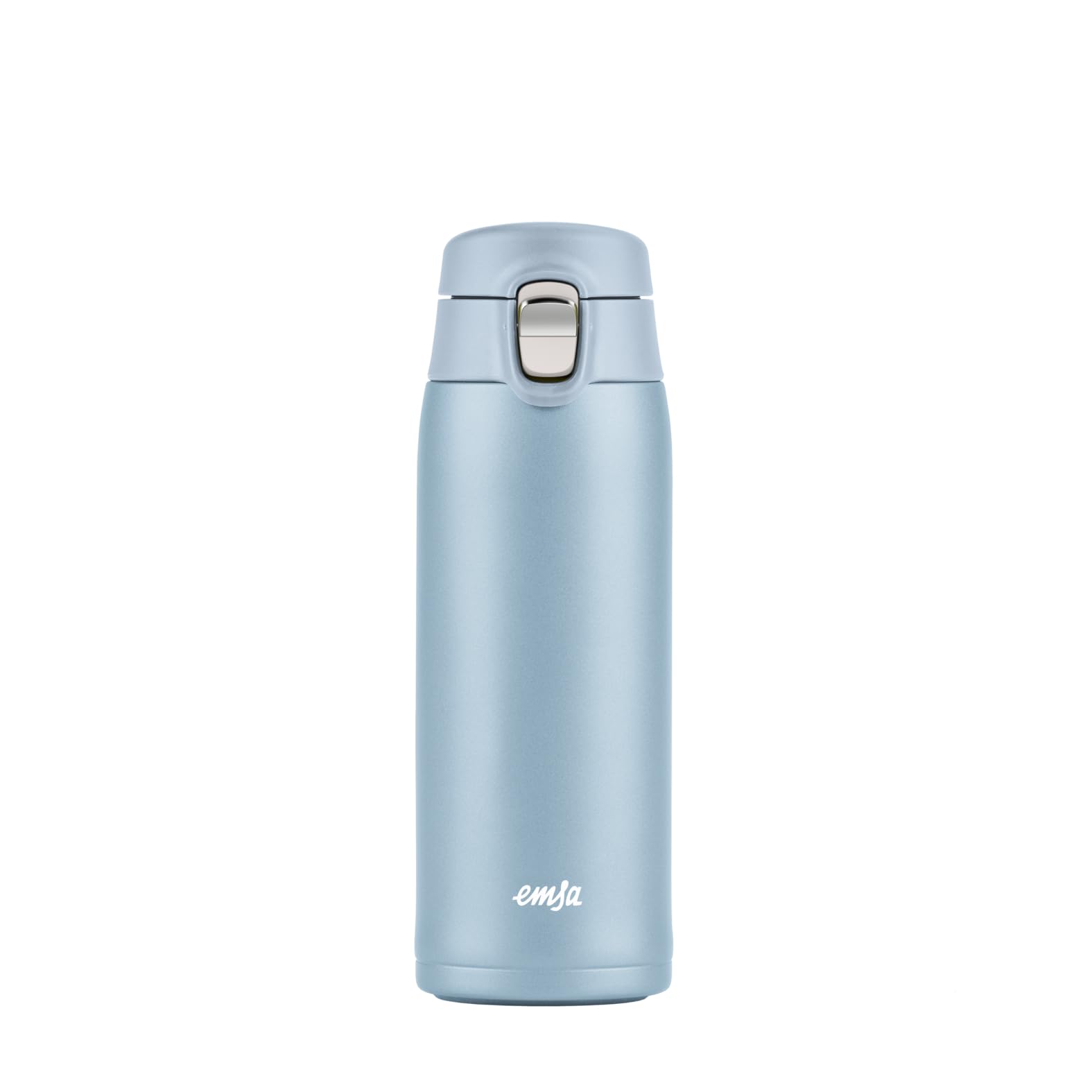 Emsa N21518 Travel Mug Light Isolierbecher, Fassungsvermögen: 0,4 L, extra-schlankes Format, Leichtgewicht, Edelstahl, Klappverschlusssystem, 100% dicht, 8h heiß/16h kalt, Eisblau