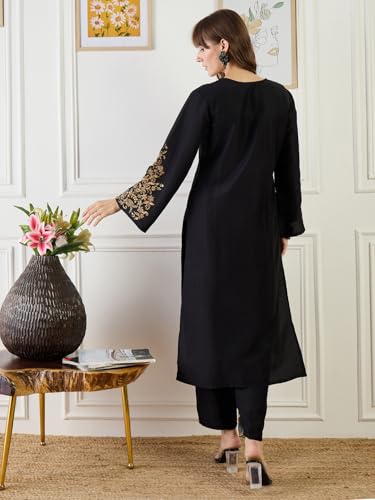 Image of INDO ERA Women's Silk Blend Floral Embroidered Straight Kurta & Pant Set (IESTR11531)