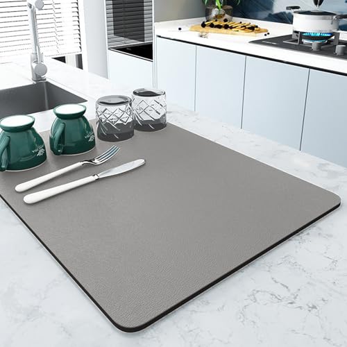 Coffee Mat, 11.7"x19.7" Absorbent Dish Drying Mat with Rubber Backing - Stain Hiding Coffee Bar Mat for Under Coffee Maker, Espresso Machine, Coffee Pot - Kitchen Counter Accessories, Light Grey