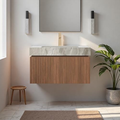 Image of 30 inch Bathroom Vanity with Sink, Wall-Mounted Plywood Bathroom Storage Cabinet with Ceramic Basin & Sintered Stone Countertop, Modern Pre-Assembled Floating Vanity with Drawer & Door, Brown Oak