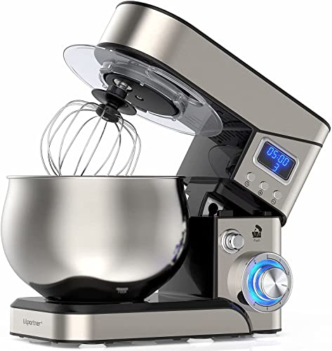 Stand Mixer, Stainless Steel Mixer 5.3-QT LCD Display Food Mixer, 6+P Speed itchen Electric Mixer Tilt-Head Mixer with Stainless Steel Bowl, Dough Hook, Beater, Whisk by LILPARTNER - Used condition - US$103.84