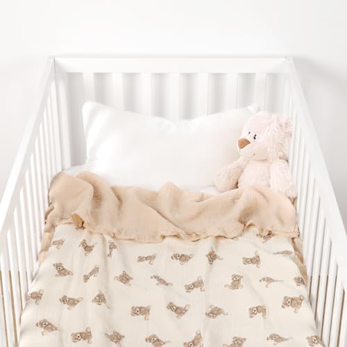 Image of Organic Baby Blanket Flounce Edge Large 50 inchx43 inch Teddy Bear, 100% Muslin Cotton Soft Breathable Toddler Quilt Crib Blankets Gender Neutral for Baby Boys and Girls Bassinet, Bed, Stroller & Snuggling