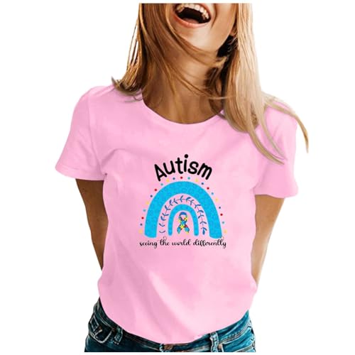 Camiseta básica de manga corta con cuello redondo y estampado de primavera y verano para mujer, rosa, L