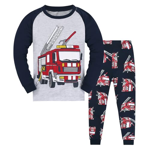 Schlafanzug Jungen 5 Jahre Lang Feuerwehrauto Nachtwäsche Kinder Langarm Zweiteiler Hausanzug Baumwolle Hose Grau Und Top 2 Teiliges Pyjama Set...