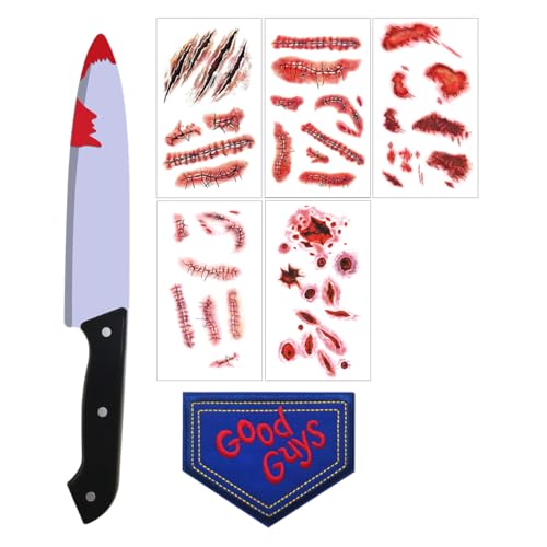 7Pcs Halloween Costume Props Bloody Fake Knife Prop DIY Halloween Embroidery Patch Face Scar Temporary Tattoos Stickers