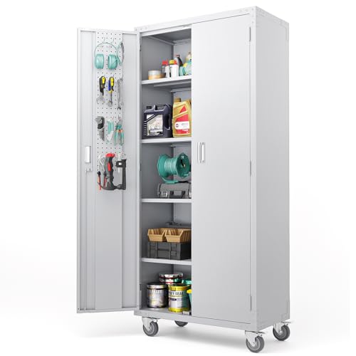 VINGLI 72'' Tall Garage Storage Cabinet, Metal Storage Cabinet with Pegboards, Wheels, Locking Doors and Adjustable Shelves (Gray, 32''W x 16''D x 72''H)