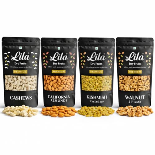 Image of LILA DRY FRUITS Combo Pack Almonds Cashews Walnuts Golden Raisins 100 g x 4 Each | Daily Nutrition Mix for Snacking Gifting Office Home Use Dry Fruits for Daily Use Perfect for Gifting